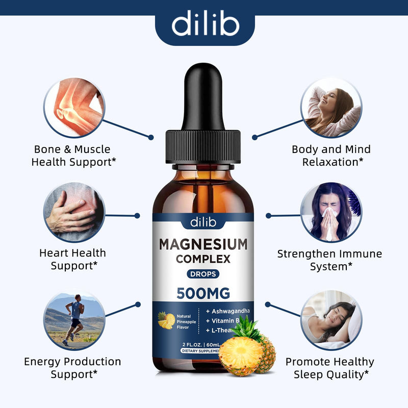 Magnesium Glycinate Liquid Drops 500mg - Triple Magnesium Complex Supplement with Citrate, Malate, Ashwagandha, L-Theanine, Vitamin B6 for Sleep, Stress Relief, Muscle, Pineapple Flavor 4 Fl Oz 2 Fl Oz (Pack of 2)