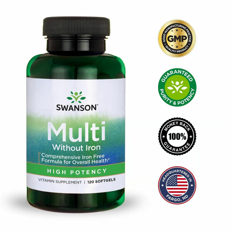 Swanson Multi Without Iron Daily Multivitamin for Adults Who Do Not Need Additional Iron - Complete Mineral and Vitamin Formula (120 Softgels, 2 Pack)