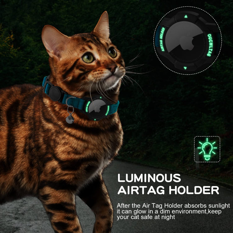 Luminous AirTag Cat Collar Breakaway, OUCWLTAG GPS Cat Collar with Apple Air Tag Holder, Cat Tracker Collars with Safety Elastic Band for Girl Boy Cats, Kittens and Puppies (Blue, 7-10 Inch) Blue - BeesActive Australia