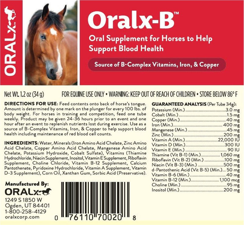 Oralx-B High-Potency B-Vitamin Complex and Chelated Mineral Booster. Nutritional Supplement for Hard-Working Horses. Oral Paste in Easy-Dose Syringe. Guaranteed Analysis. Made in USA. - BeesActive Australia
