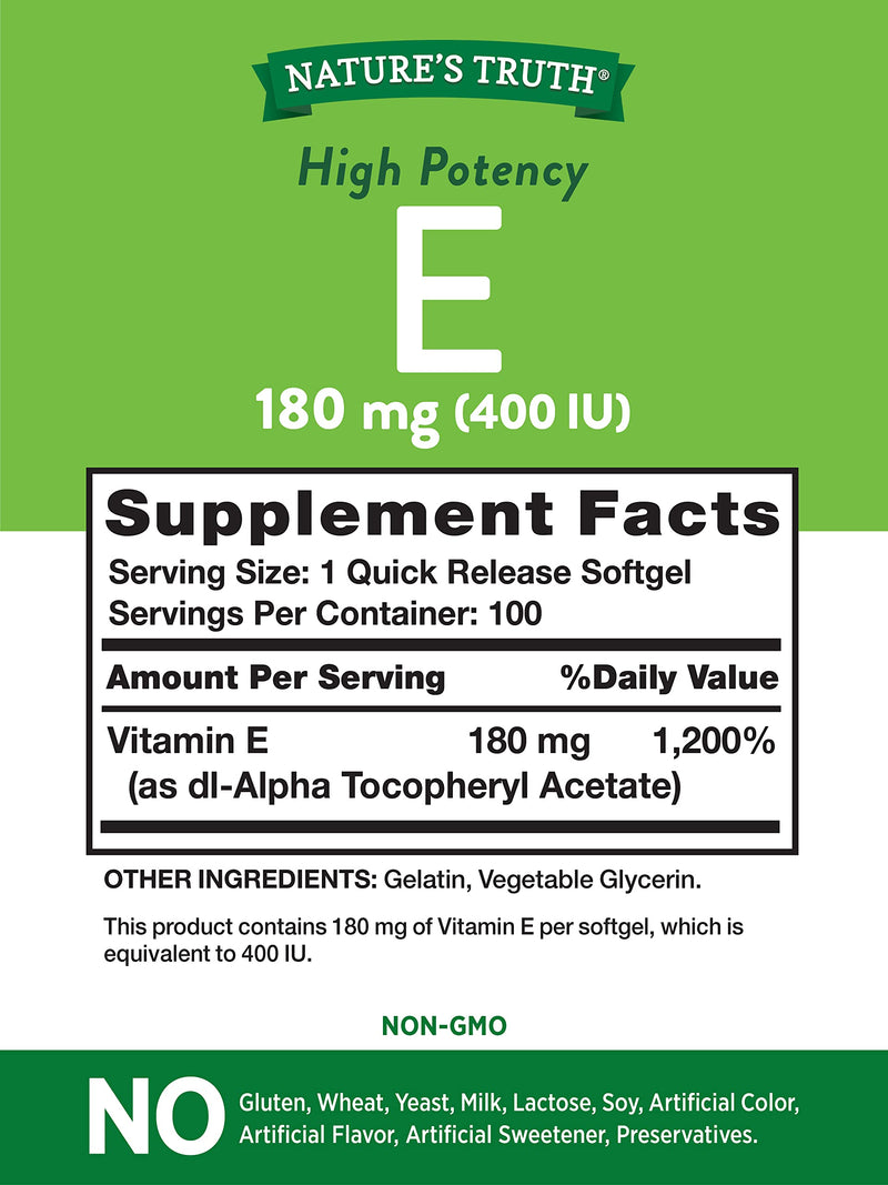 Nature's Truth Vitamin E Softgels | 400 IU | 100 Count | Non-GMO & Gluten Free Supplement - BeesActive Australia