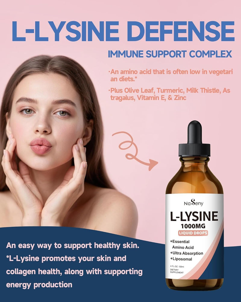 L-Lysine 1000mg Liquid Drops - Collagen, Immune, Lip & Skin Health | Liposomal Lysine Supplement for Adults with Turmeric, Astragalus, Vitamin E & Zinc - 4 Fl oz