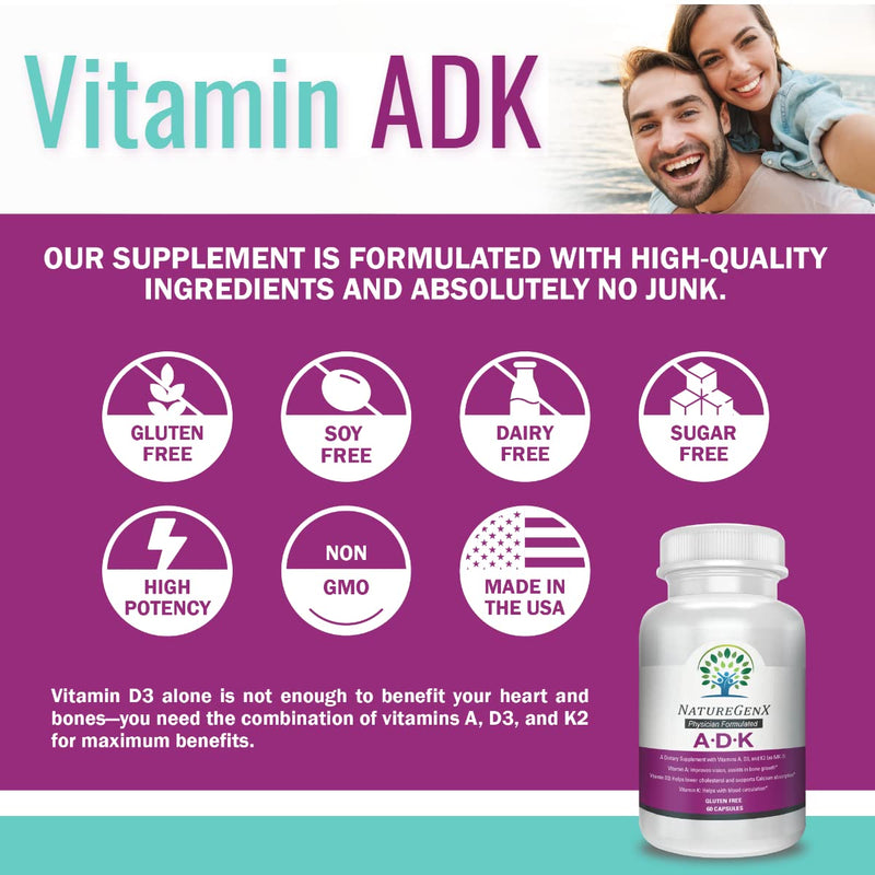 ADK Vitamin Supplement 5000 IU - High Potency Vitamins A, D3, and K2 for Bone Health and Calcium Absorption | Gluten-Free Vitamin ADK Supplement, 60 Day Supply, 60 Capsules 60 Count (Pack of 1) - BeesActive Australia