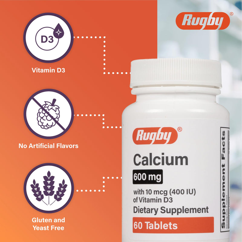 Rugby 600mg Calcium Tablets - Made with 10mcg (400 IU) of Vitamin D3 - Dietary Supplement - 60 Count