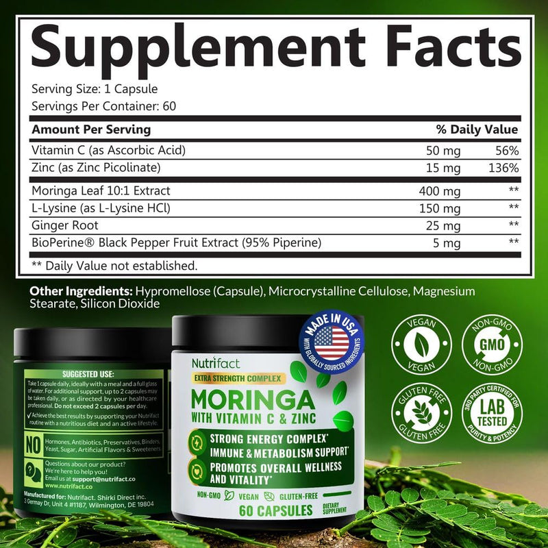 Moringa Capsules with Vitamin C, Zinc & L-Lysine – Immune Support, Vegan | Oleifera leaf extract with ginger for energy, antioxidant and digestion; non-GMO, made in USA; 60 count
