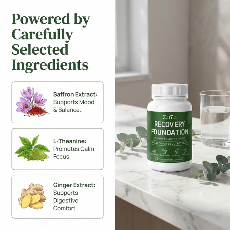 Zafira Organics Recovery Foundation Capsules – Mental Clarity & Daily Wellness Support, Saffron Extract, Ginger, L-Theanine, Myo-Inositol | Non-GMO Dietary Supplement, 60 Capsules