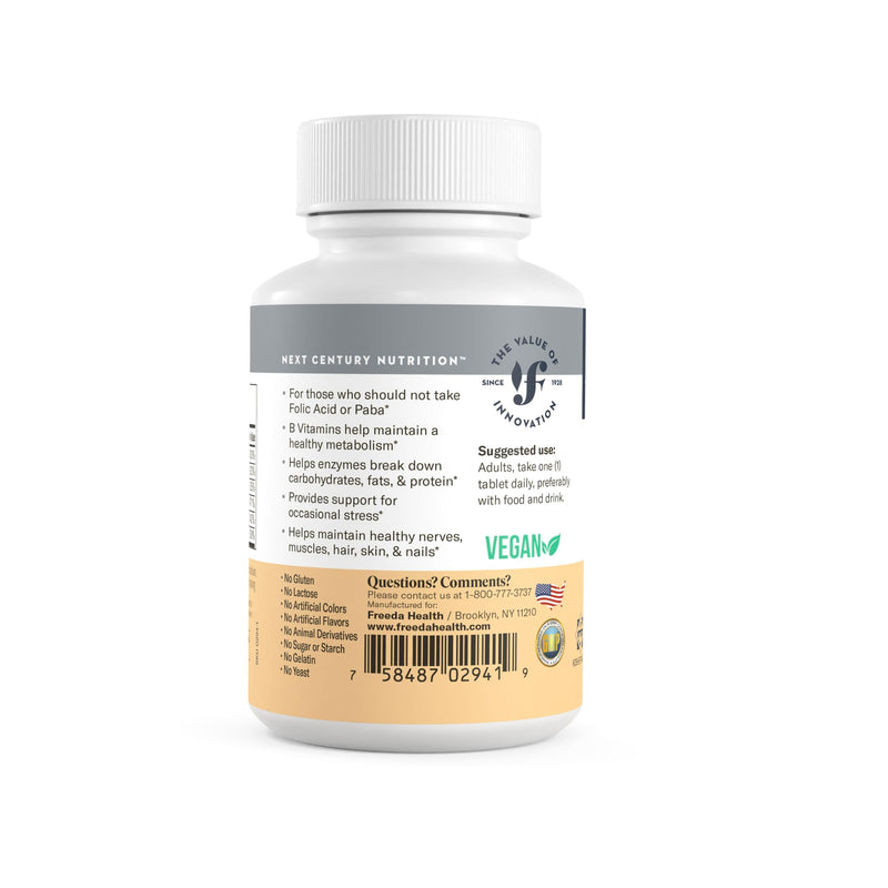 FREEDA Super B-Complex Vitamin Supplement – No Folic Acid or PABA, 100ct | Supports Energy, Metabolism, & Cellular Function – Balanced B Vitamins for Men & Women – Kosher, Vegan, Gluten-Free, USA Made 100 Count (Pack of 1)