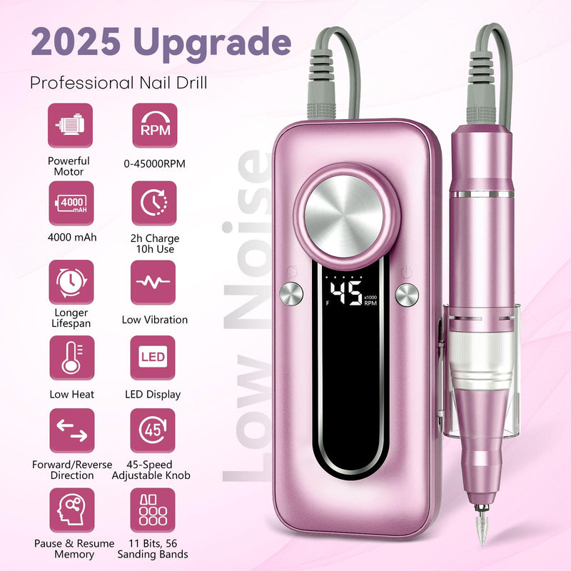 TUOBEO Nail Drill Electric Nail File Kit 45000 RPM Professional Efile Nail Set,Cordless Portable Rechargeable Acrylic Gel Nail Polish Remover Machine Pedicure Manicure Tool with 11 Bits for Salon Home Pink Purple