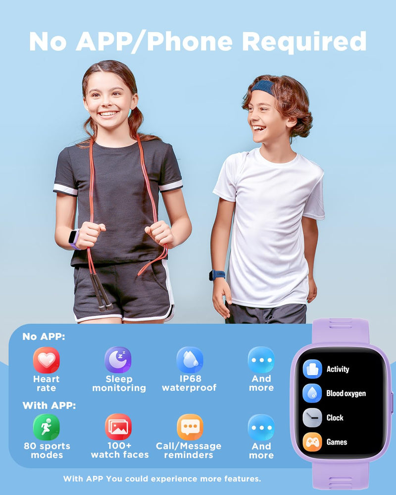 BIGGERFIVE Smart Watch for Kids, 1.8" Fitness Tracker Watch Pedometer, Heart Rate, IP68 Waterproof, Sleep Monitor, Calorie Step Counter, 5 Puzzle Games with/Without APP for Girls Teens 5-16 Lilac - BeesActive Australia