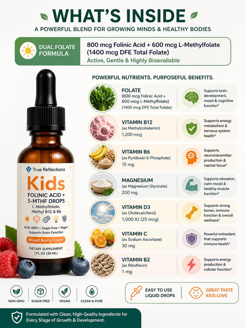 Folinic Acid Drops Kids 800 mcg + L-Methylfolate + B12 +P5P B6 Gentle Methylation Great Taste, Magnesium Glycinate, Vitamin D3 & C Folate Support for Brain,Focus, Mood & Cellular Health 5-MTHF Drops