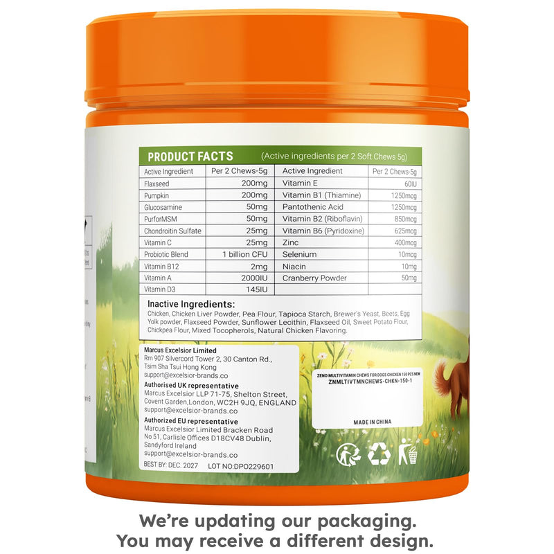 ZENO Dog Vitamins and Supplements - 150 Dog Multivitamin Chewable - Immune, Joint Support, Skin, Gut Health + Packed with Omega 3s, Glucosamine & Probiotics - Safe for Puppy - Chicken