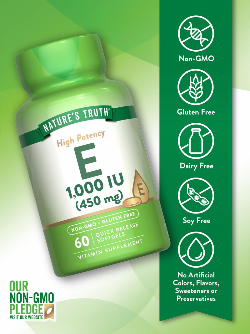 Nature's Truth Vitamin E Softgels | 1000 IU | 60 Count | Non-GMO & Gluten Free Supplement 60 Count (Pack of 1) - BeesActive Australia