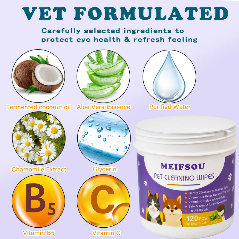 Eyes Wipes for Dogs & Cats - Gently Remove Tear Stain, Eye Debris, Discharge, Mucus Secretions - Coconut Oil Pet Cleaning Grooming Deodorizing Wipes for Eyes, Wrinkle, Face - 120pcs - BeesActive Australia