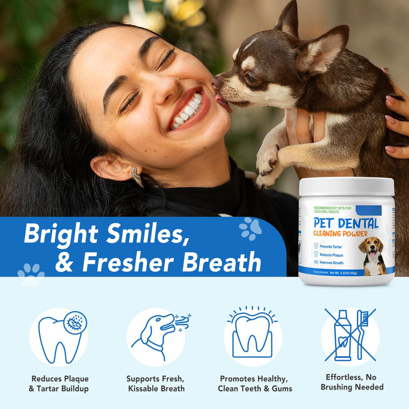Dog Dental Powder for Teeth Cleaning - Targets Tartar & Reduces Plaque & Bad Breath, with Probiotics & Green Tea, Dental Freshener for Dog's Oral Health
