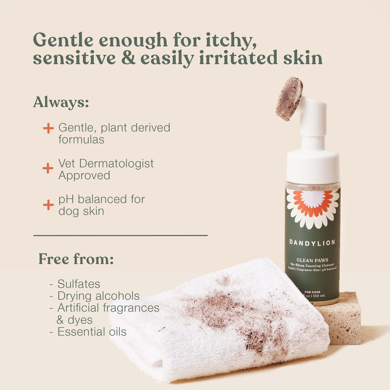 Dandylion Clean Paws | No-Rinse Foaming Cleanser | Gentle, Fragrance-Free, and pH Balanced to Provide a deep Clean Safe for All Dogs | 5fl oz. Bottle with Silicone Bristle Brush 5 Fl Oz Bottle with Brush - BeesActive Australia