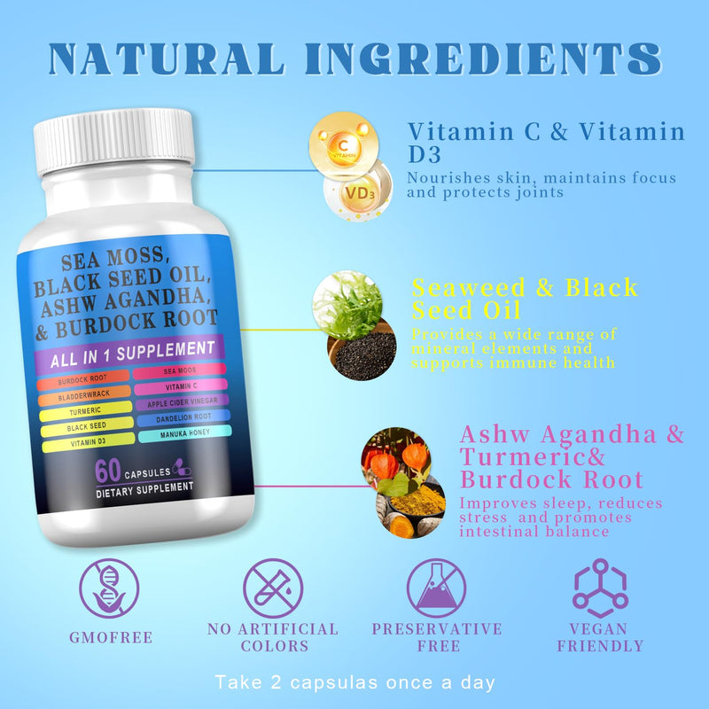 Sea Moss Black Seed Oil Ashwagandha Turmeric Bladderwrack Burdock, Elderberry Manuka Dandelion, Burdock Root Turmeric Vitamin D3 Chlorophyll - 60 Capsules