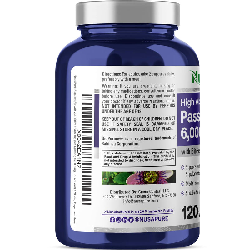 NusaPure Passion Flower 20:1 Extract, 300 mg Equivalent to 6,000mg, 120 Veggie Caps, Non-GMO, Bioperine, Extract Supplement 120 Count (Pack of 1)