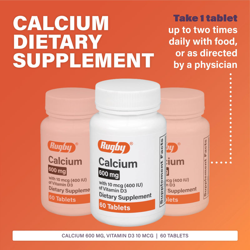 Rugby 600mg Calcium Tablets - Made with 10mcg (400 IU) of Vitamin D3 - Dietary Supplement - 60 Count
