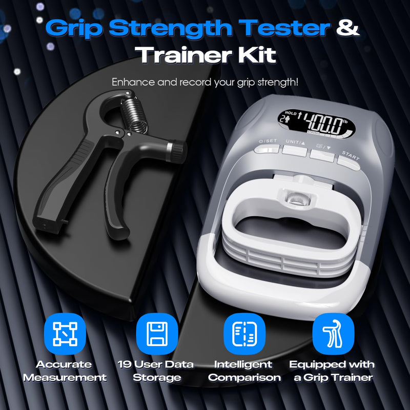 Electronic Grip Strength Tester With Adjustable Hand Gripper, Hand Dynamometer of 400lbs/180kg Tester Set with Digital Display – Precision Training for Rehab, Fitness, and Home Gym gray