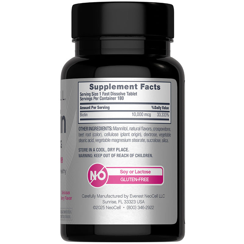 NeoCell Biotin 10000mcg Fast Dissolve Tablets | 180 Count | For Women and Men | Berry Flavor Supplement | Hair, Skin, and Nails