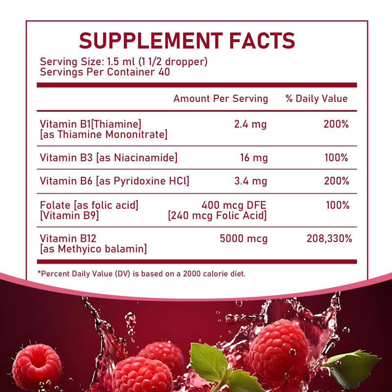 Vitamin B12 Complex with B1, B6, Vitamin B12 Raspberry Liquid Supplement, Essential Vitamin 5-in-1 Vitamin B Complex Liquid Drops, Brain Function, Focus, and Natural Energy Support (2PCS)