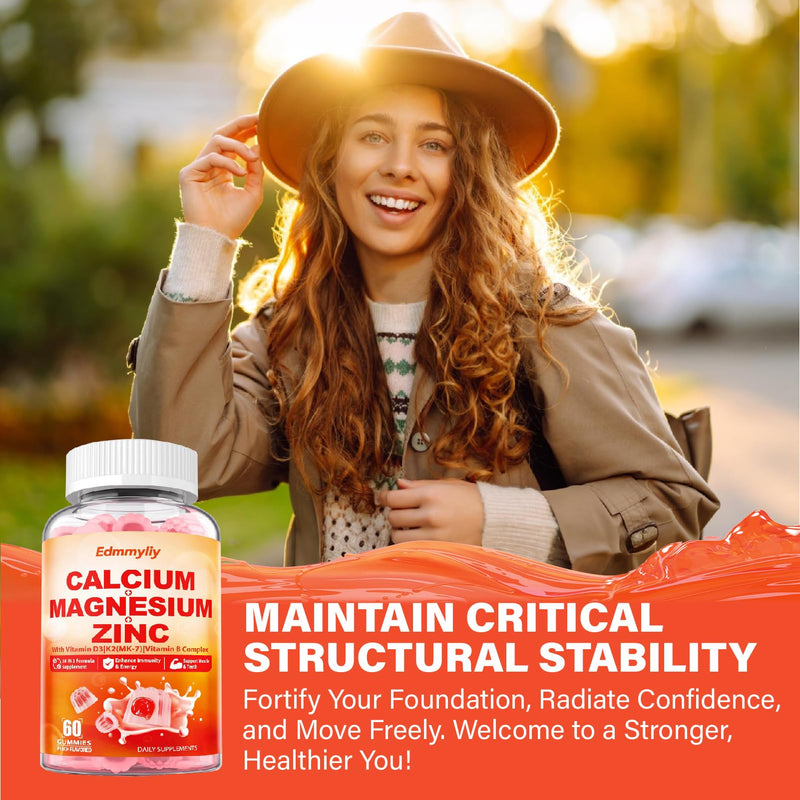 Calcium Magnesium Zinc Supplement Gummies with Vitamin D3 K2 & B Complex for Women Men 1000mg Calcium Citrate with Magnesium Gummies for Bone, Muscles & Immune Support, Sugar Free, Vegan Peach 60 Count (Pack of 2)
