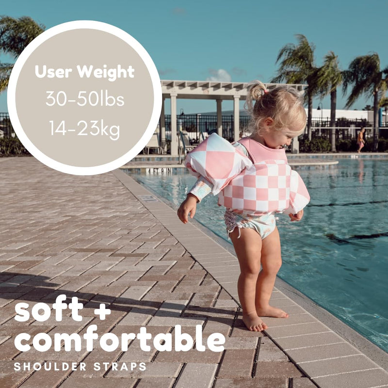 KIDSco Swim Vest for Kids 30-50 lbs. A Puddle Jumper Swimming Float Aid with Shoulder Straps and Arm Water Wings. for Boys and Girls Aged 2-6 Tan Checkerboard