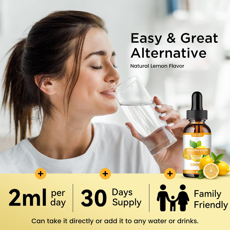 Magnesium Glycinate Supplement, Magnesium Glycinate Liquid Drops 500mg with Calcium, Zinc, Vitamin B6, D3, L-Theanine, Omega 3 for Sleep, Mood, Stress Relief, Bone, Muscle, Lemon Flavor 2 Fl Oz (Pack of 1)