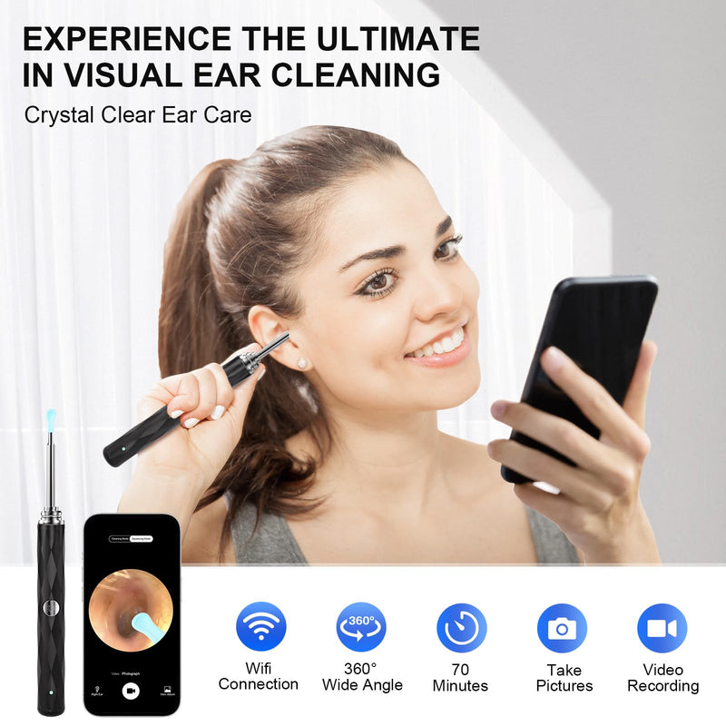 High-Definition Ear Wax Removal, Wireless Ear Cleaner, Safe and Gentle Ear Wax Removal Kit, Rechargeable Ear Cleaner with Camera and Light, Ear Cleaning Kit for Android and iOS (Black) Black - BeesActive Australia