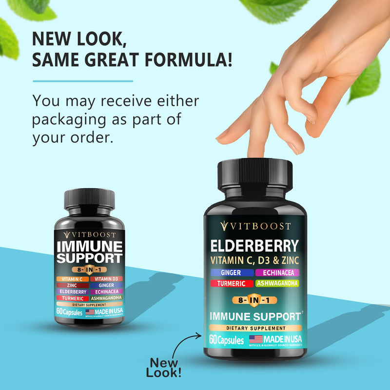 Elderberry Immune Support Supplement 8-in-1 Formula with Echinacea, Vitamin C & Zinc, Vitamin D 5000 IU, Turmeric, Ginger, Ashwagandha ‚Äì 60 Capsules 60 Capsules (Pack of 1)