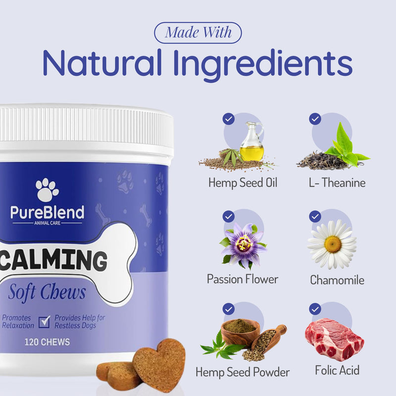 PureBlend Dog Calming Treats — Calming Chews for Dogs with Hemp Seed Oil, Chamomile & L-Theanine — 120 Chews, Up to 4 Month Supply