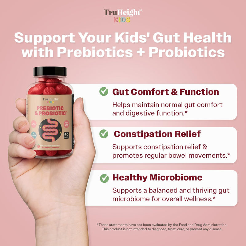 TruHeight Kids Prebiotic & Probiotic Gummies Ages 2+ (Strawberry Flavor) Toddlers & Kids All Natural Gut Health, Digestive Enzymes, Stomache Ache, Constipation Relief Supplement - Pediatric Vitamins 60 Count (Pack of 3)