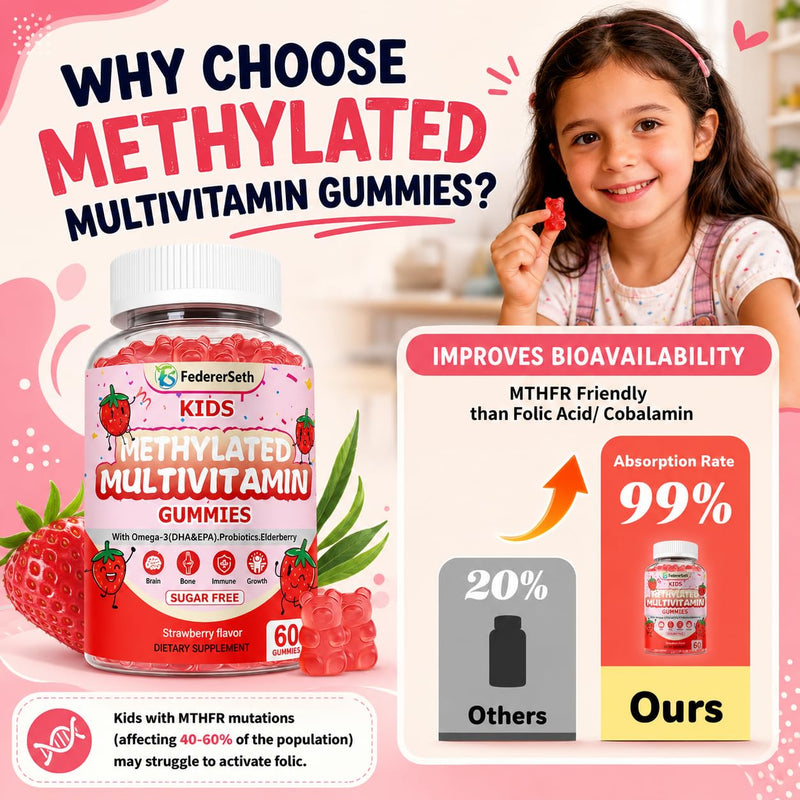 (2 Pack) Methylated Multivitamin Kids Gummies + Omega3, Methylfolate & B12, Calcium, Probiotics, Elderberry, for Kids & Teens, for Growth, Immune, Bone, Brain, Focus, No Sugar - 120 Count 60 Count (Pack of 2)