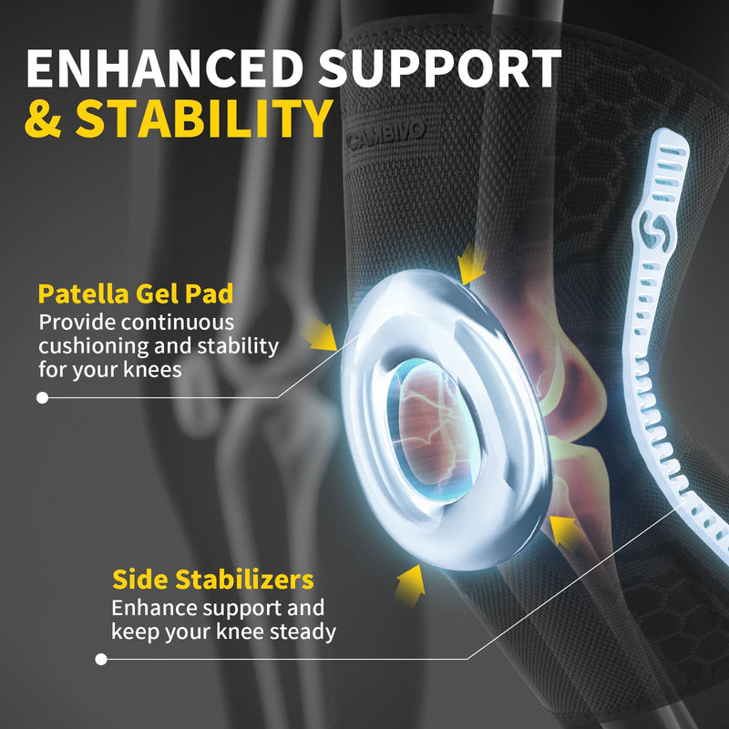 CAMBIVO 2 Pack Knee Brace for Men and Women, Knee Sleeves for Men with Patella Gel Pad and Side Stabilizers, Knee Compression Sleeves for Knee Pain Relief, Running, Workout, Daily Use Black Large