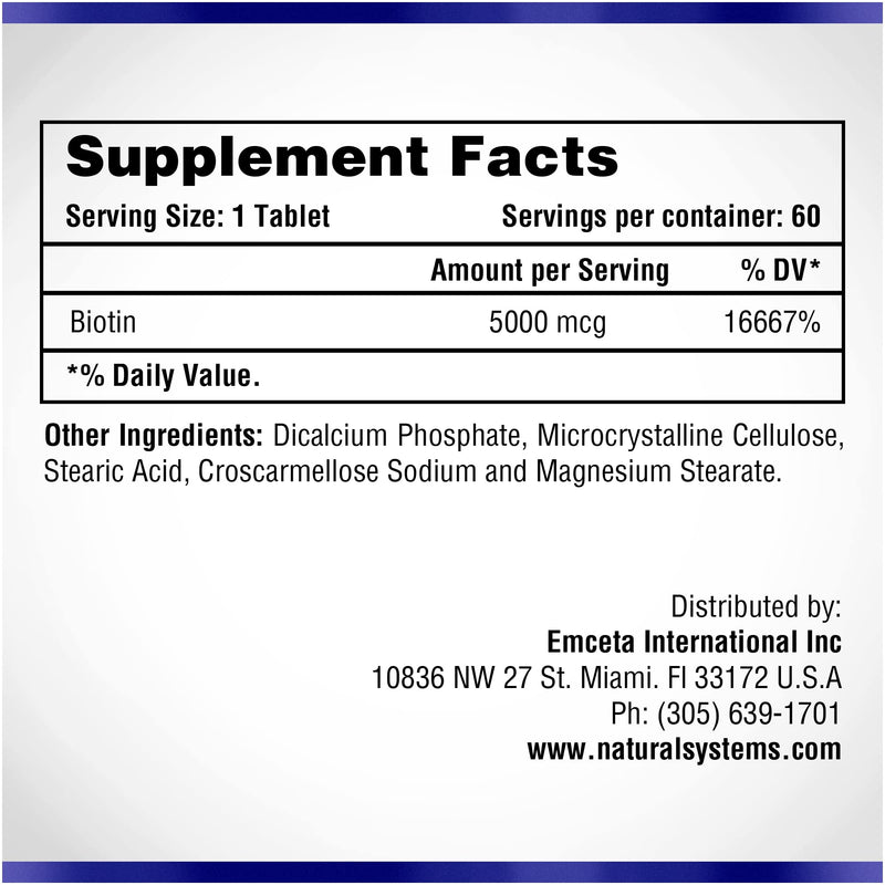 Biotin 60 Tablets 5000 mcg by Natural Systems | Biotin Hair Growth Support Pills | Hair Skin Nails Vitamins for Men and Women | Supplement Improves Cell Growth