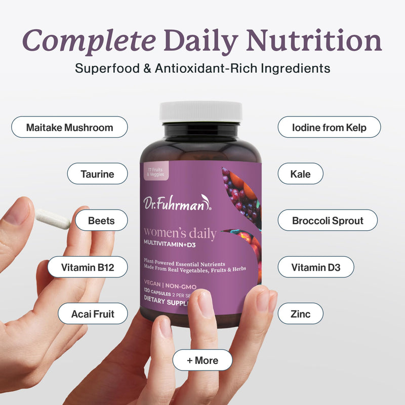 Dr. Fuhrman 2 Month Supply Multivitamin for Women + D3 Vitamin for Immune Support | Vegan Formula Womens Multivitamin with B12 & Zinc | Whole Food multivitamin with 17 Fruits & Veggies | Non GMO Women's