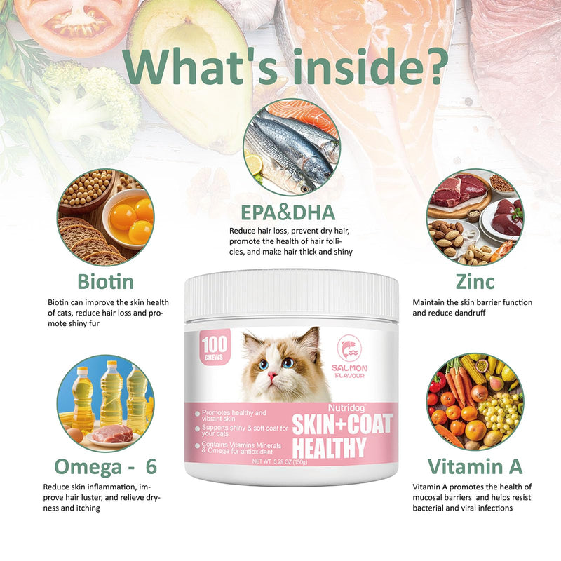 Cat Skin & Coat Chews 100 Count – Omega-3, DHA, Biotin & Vitamin E for Shedding, Dry Skin & Glossy Coat, with Glucosamine & Chondroitin for Joint Support, Salmon Flavor