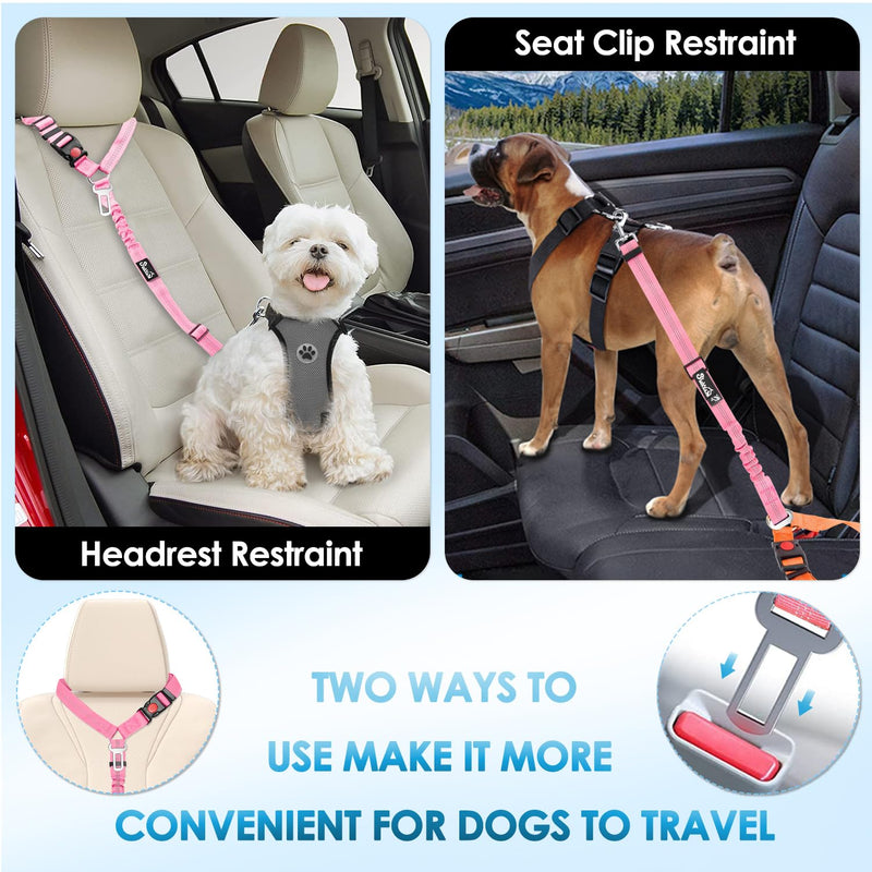 Lukovee Dog Seatbelt Leash for Cars, 2 Pack Pet Safety Car Seat Belt with Adjustable Buckle & Reflective Bungee, Connect Dog Harness in Vehicle Car Dogs Restraint Travel Daily Use (Pink) A-Pink A- Headrest with Clip + 2 in 1 Seat Belt - BeesActive Australia