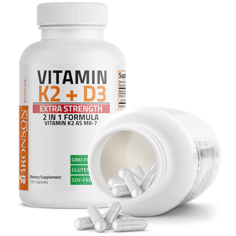 Bronson Vitamin K2 D3 (MK7) Extra Strength D3 & K2 Complex, 120 Capsules | Bone, Immune & Heart Health Support, Gluten Free, Soy Free, Non-GMO, Vitamin D3 10,000IU (250 mcg) & 120 mcg K2 MK-7 120 Count (Pack of 1)