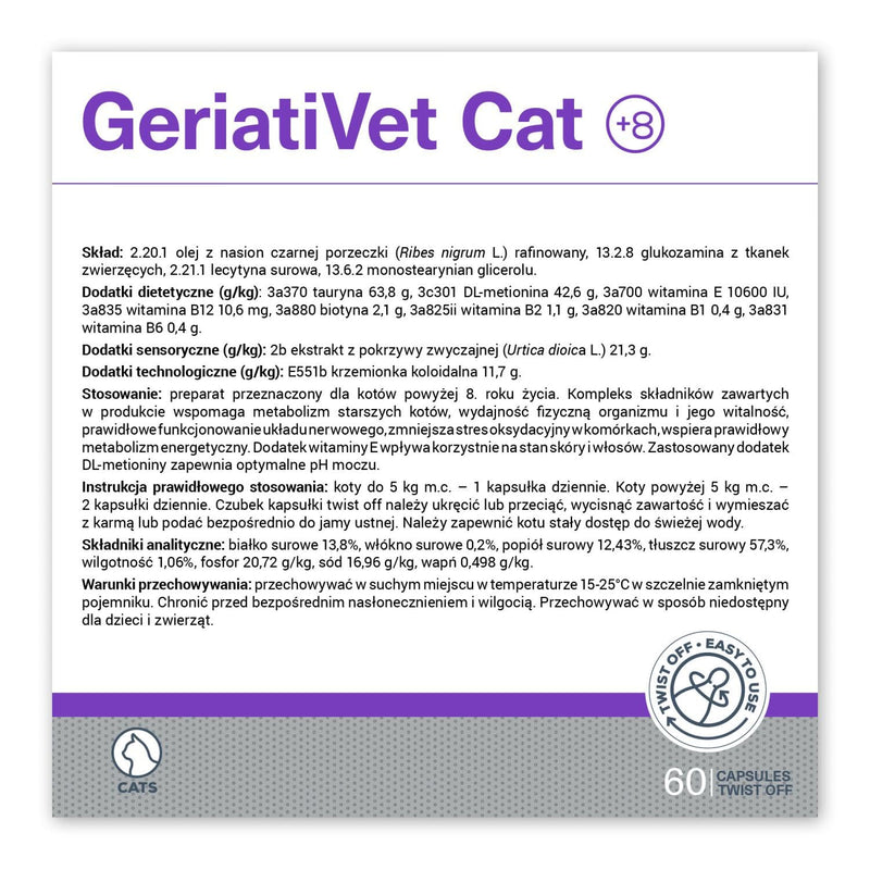 Vet Expert GeriatiVet Senior Cat Supplement | 60 | Supports Metabolism, Vitality, and Urinary Health with Blackcurrant Seed Oil, Glucosamine, Taurine, DL-Methionine, Nettle Leaf Extract, and Vitamins