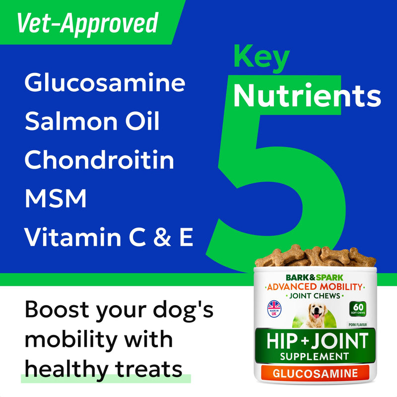 BARK&SPARK Joint Supplement for Senior & Adult Dogs – Glucosamine & Chondroitin for Mobility Support – Hip & Joint Care Chews – Made in the UK – 60 Soft Treats 60 Joint Care Chews