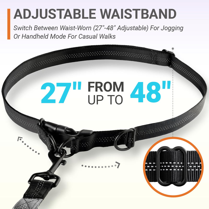 4-6 FT Hands-Free Dog Leash for Running & Walking - Adjustable Waist Belt (28-47"), Shock-Absorbing Bungee, 2 Reinforced Handles, Reflective & Anti-Pull for Small/Medium Dogs, Grey - BeesActive Australia