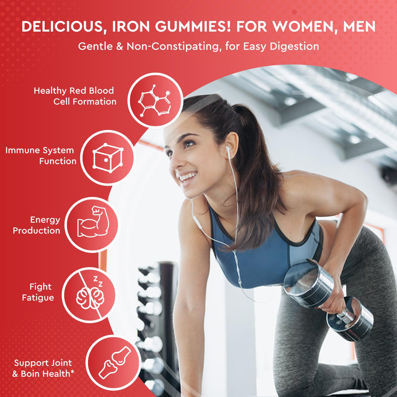 Iron Gummies - with Calcium, Zinc, Folate & Vitamin B12, C,B6 for Adults & Kids - Blood Builder & Energy Support for Iron Deficiency, Anemia, Vegan - 60 Gummies Strawberry 60 Count (Pack of 1) - BeesActive Australia