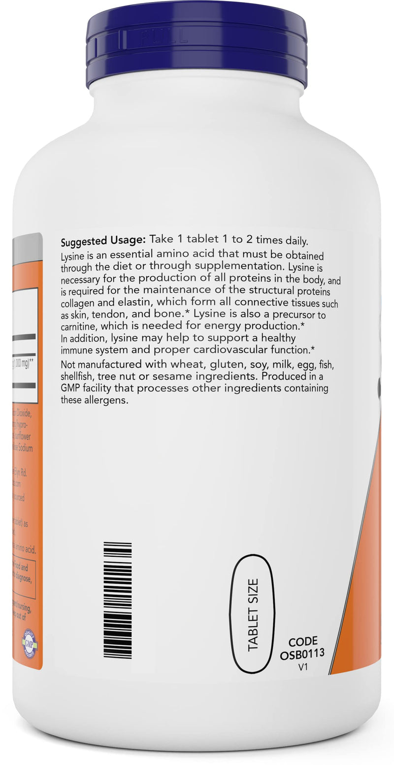 Now Foods L-Lysine 1000mg - Double Strength - 300 Tablets - Non-GMO Amino Acid Supplement (Llysine Hydrochloride)- 1000 mg Tabs - Vegan/Vegetarian 300 Count (Pack of 1) - BeesActive Australia