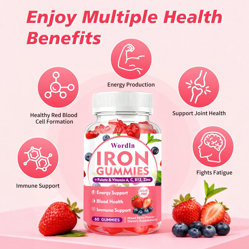 Iron Gummies for Women, Men & Kids for Energy Support & Immune Health | Vegan Iron Supplement Gummies with Vitamin C, B12, Folate, Sugar Free, 60 Gummies (Pack of 2) 120 Count (Pack of 1)