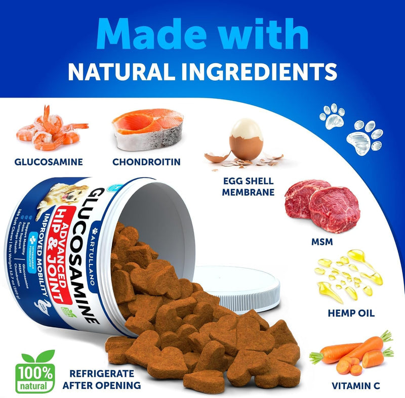 Glucosamine for Dogs - Hip and Joint Supplement for Dogs with Arthritis - Chews with Chondroitin, Hemp Oil, MSM - Canine Joint Pain Relief Health - Mobility Support for Large Breeds - 180 Soft Treats 180 Glucosamine Chews