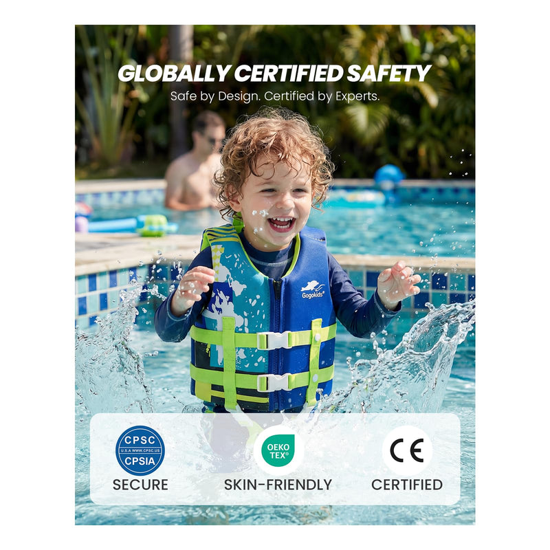 Gogokids Toddler Swim Vest, Premium Swim Vest for Kid Swimming Jacket for 30-40-50-60-70-80 Lbs Girls and Boys, Toddler Floaties Swimming Aid with Dual Safety Strap for 2-9 Years in Pool/Puddle/Beach A-Blue L(6-9yrs/66-77lbs)