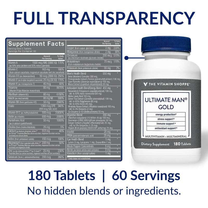 The Vitamin Shoppe Brand Ultimate Man Multivitamin, 180 Tablets | Daily Multivitamin for Men With Vitamins, Minerals & Antioxidants for Energy, Immune & Overall Wellness Support, Gluten Free 180 Count (Pack of 1)