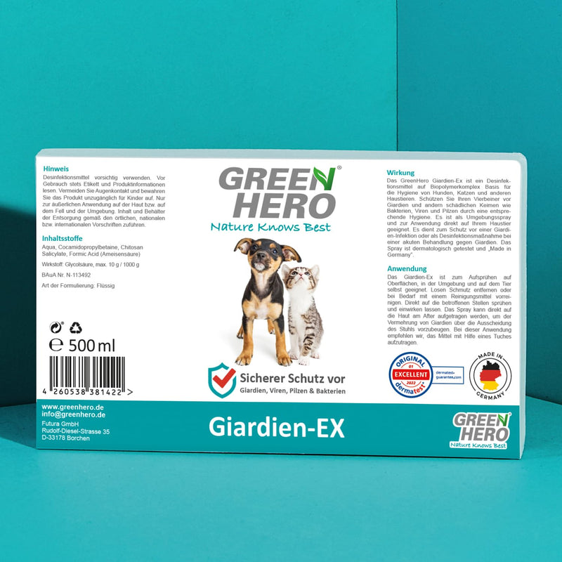 Green Hero Giardia EX Disinfectant Spray for Dogs & Cats 500ml | Highly effective against Giardia, bacteria, viruses & fungi | Dermatologically tested for disinfection of animals and the environment - BeesActive Australia