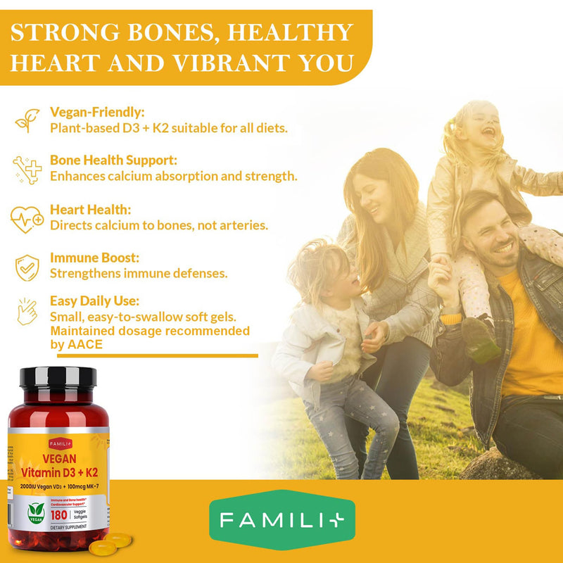 FAMILI+ Vegan Vitamin D3 K2 2000IU with Coconut MCT Oil, 180 Softgels | 180 days, 2000IU Plant source Vitamin D3 + 100 mcg Vitamin K2 MK-7, For Bone, Muscle, Immune, Teeth & Heart Health